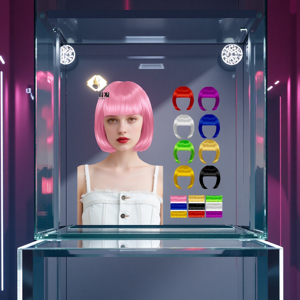 新款多彩波波头假发头套齐刘海逼真学生短直发cosplay万圣节派对装扮图