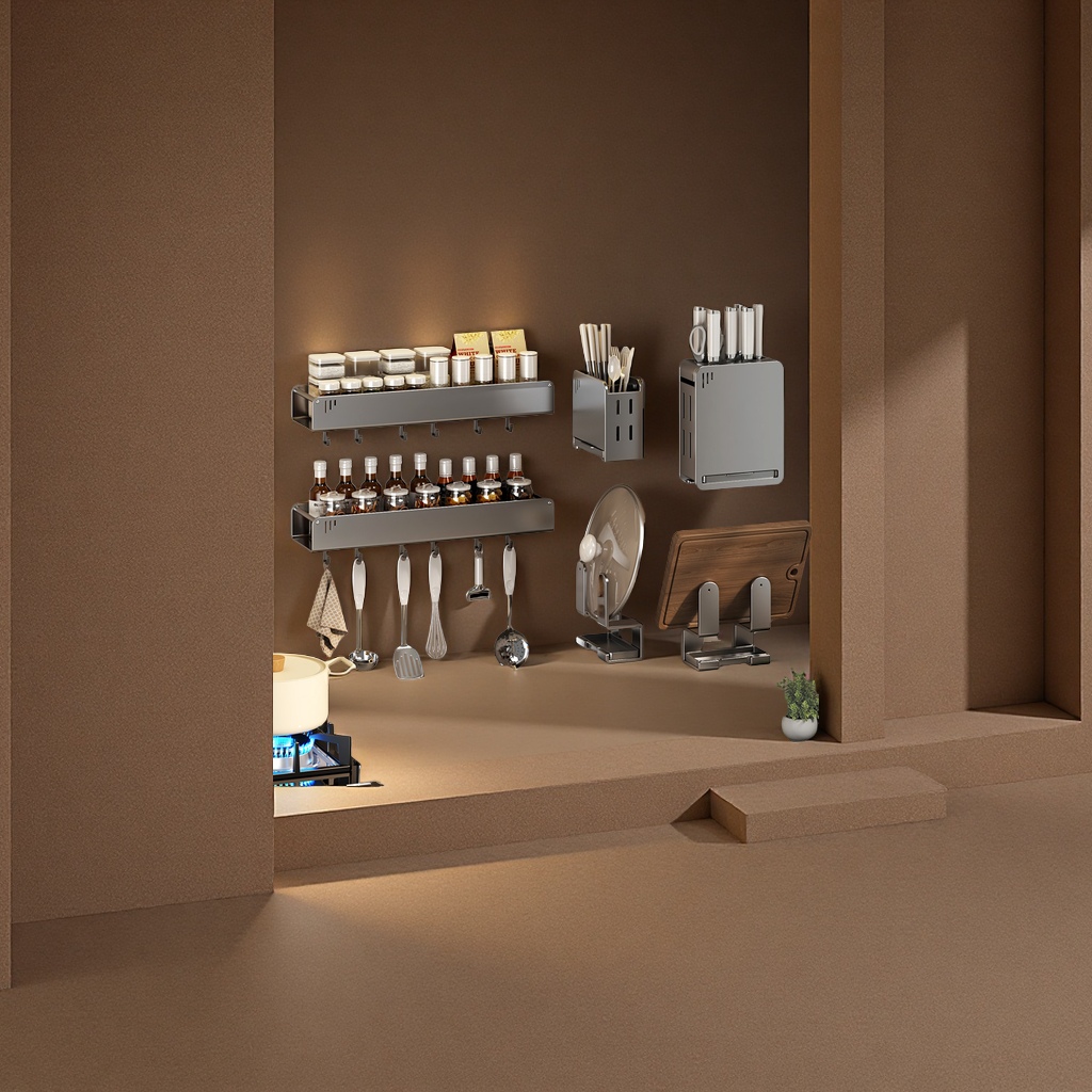 A comprehensive collection of multi-functional wall-mounted kitchen storage racks, no-drilling seasoning storage racks, knife racks, hanging racks, and household organizing products Specification image