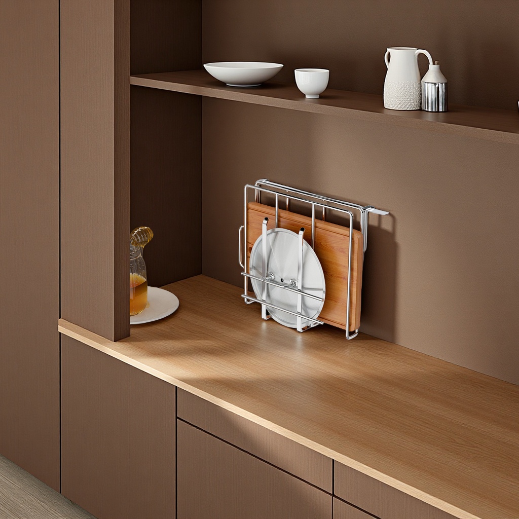 Stainless steel kitchen wall cabinet, lower storage rack, hook pot lid rack, multi-functional storage rack, kitchen organizing supplies Specification image