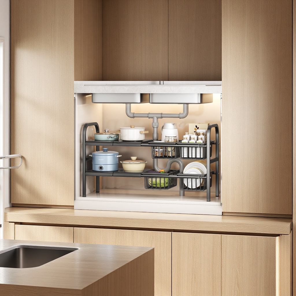 多功能厨房可伸缩下水槽置物架橱柜内分层储物架锅架收纳架子日用百货厨房整理