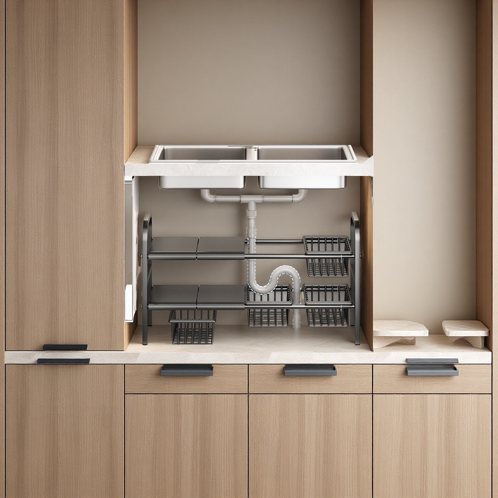 The multi-functional kitchen features a retractable sink, storage rack, layered storage rack inside the cabinet, pot rack, storage rack, daily necessities and kitchen organization details Picture