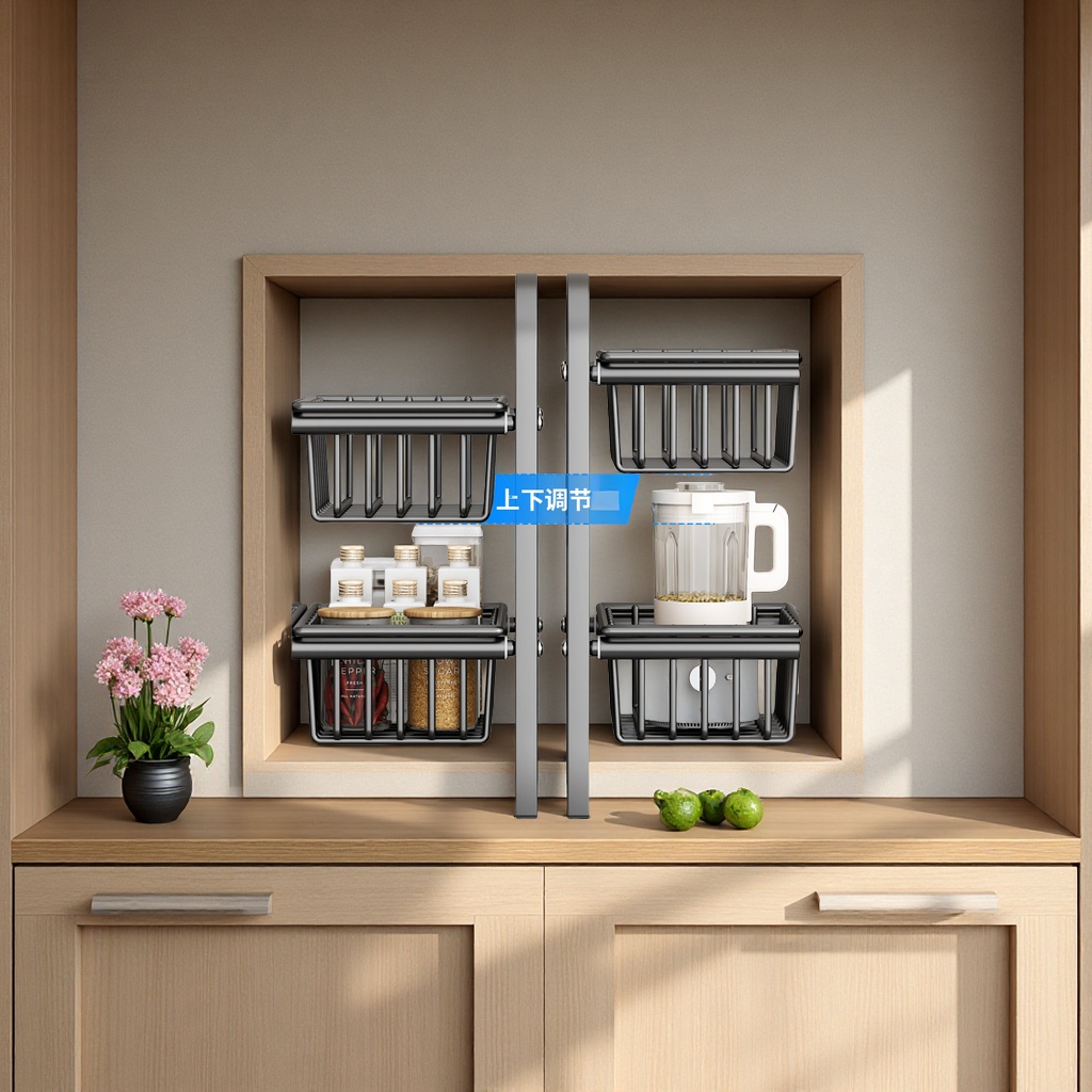 The multi-functional kitchen features a retractable sink, storage rack, layered storage rack inside the cabinet, pot rack, storage rack, daily necessities and kitchen organization Specification image