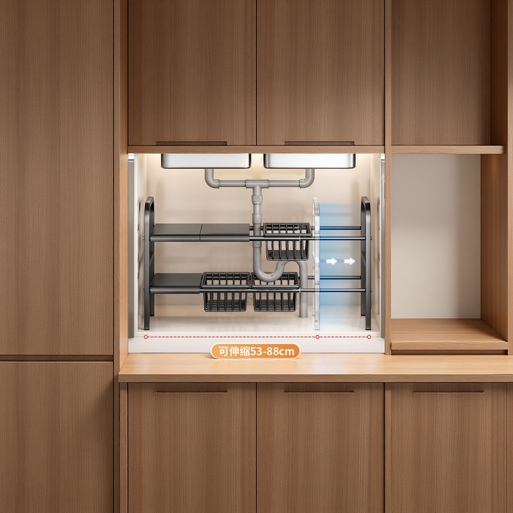 The multi-functional kitchen features a retractable sink, storage rack, layered storage rack inside the cabinet, pot rack, storage rack, daily necessities and kitchen organization Application Scenario