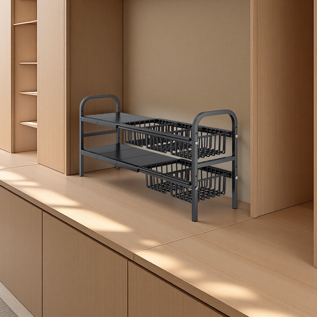 The multi-functional kitchen features a retractable sink, storage rack, layered storage rack inside the cabinet, pot rack, storage rack, daily necessities and kitchen organization Item Picture