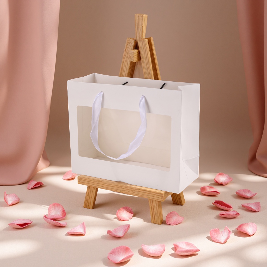 鲜花手提袋透明开窗礼品袋花束玩偶橱窗包装袋七夕母亲节塑料手提袋