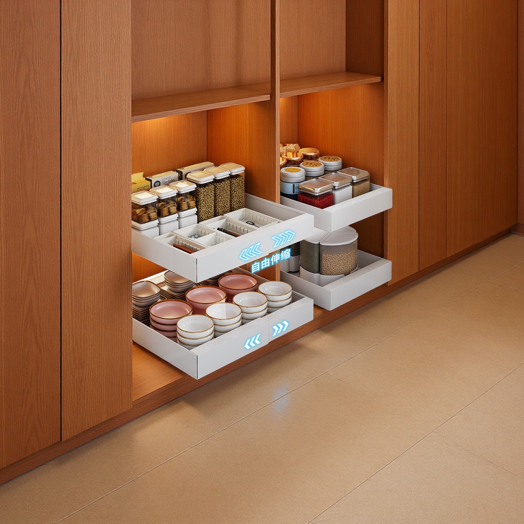 可伸缩橱柜抽屉收纳架放碗碟锅具拉篮厨房整理用品储物盒多功能置物架