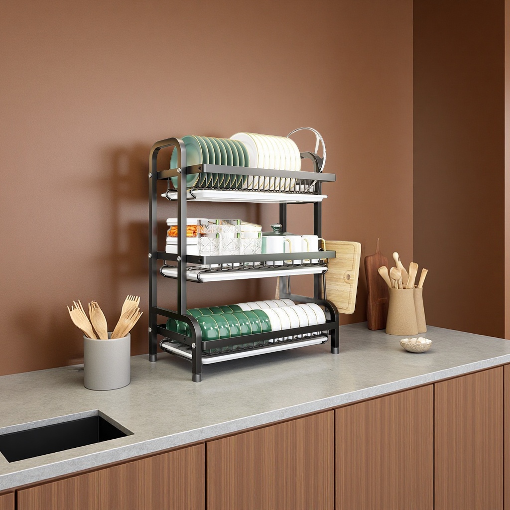 Wow, multi-layered dish storage rack, kitchen storage rack, countertop dish draining rack, multi-functional chopsticks, bowls and plates organizing supplies