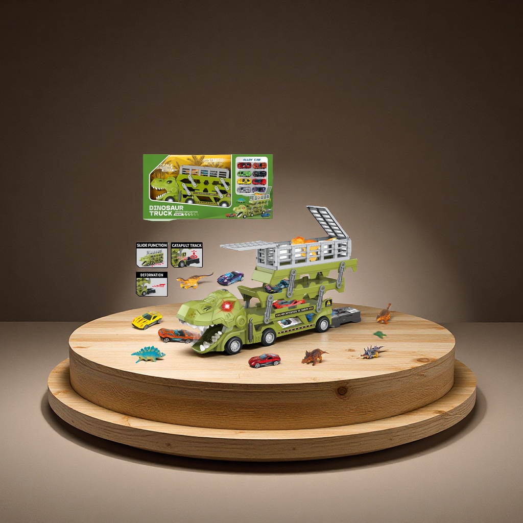 亚马逊跨境儿童三层恐龙货柜折叠收纳弹射合金小汽车模型玩具车