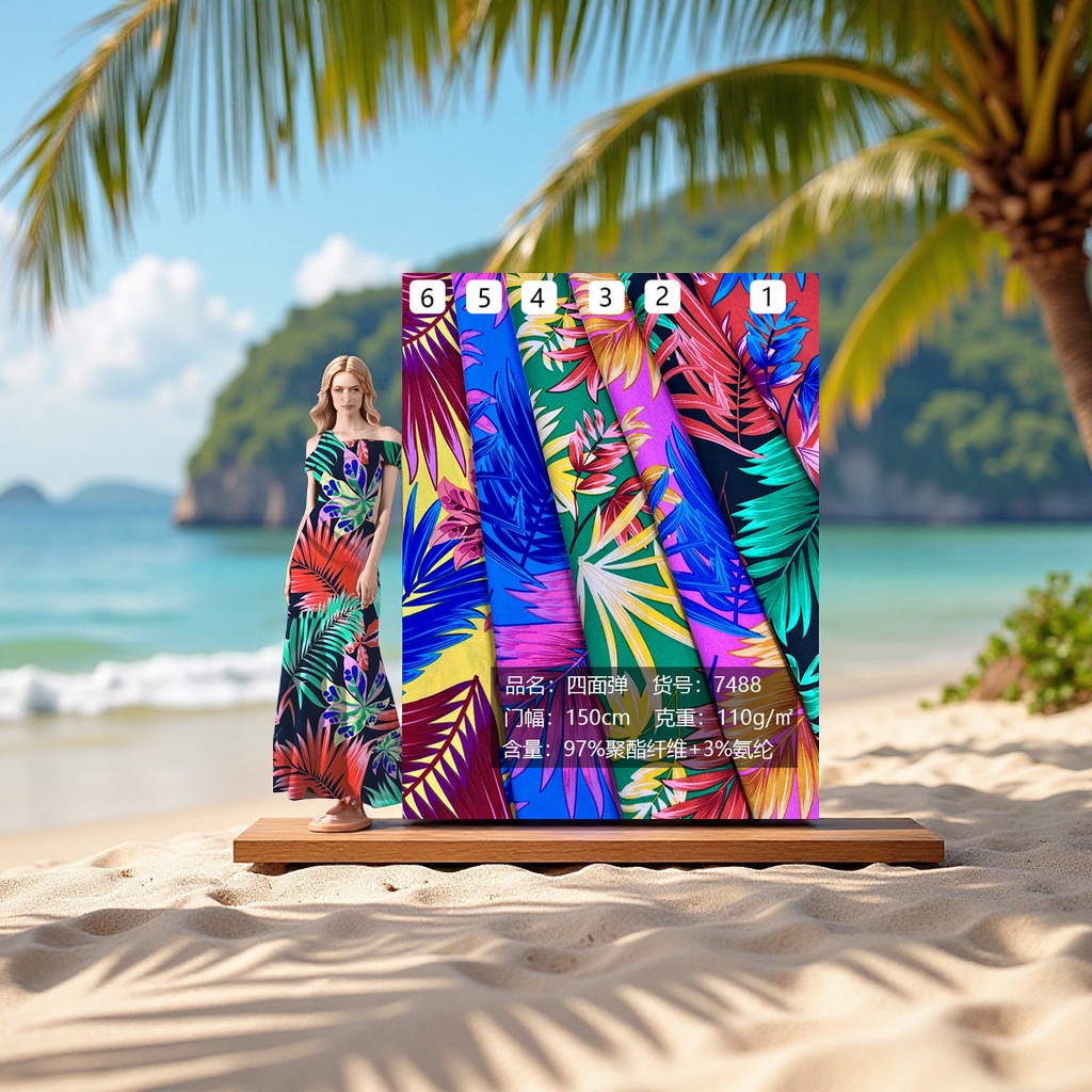 Big coconut tree printed dress, four-sided elastic fabric, Southeast Asian-style beach clothing, home textile, home fabric and decorative items
