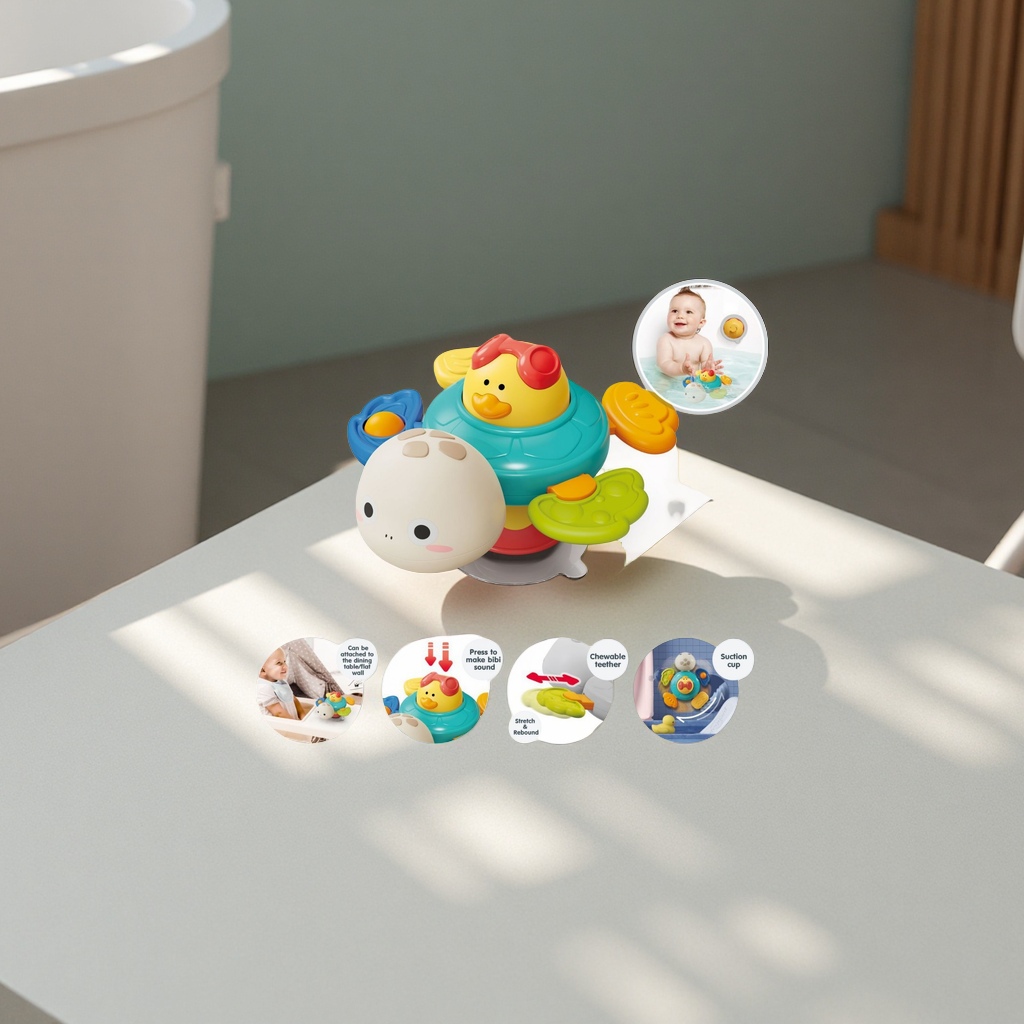 儿童贝婴跨境热销乌龟转转乐吸盘餐桌益智玩具2合1摇铃浴室模型动植物