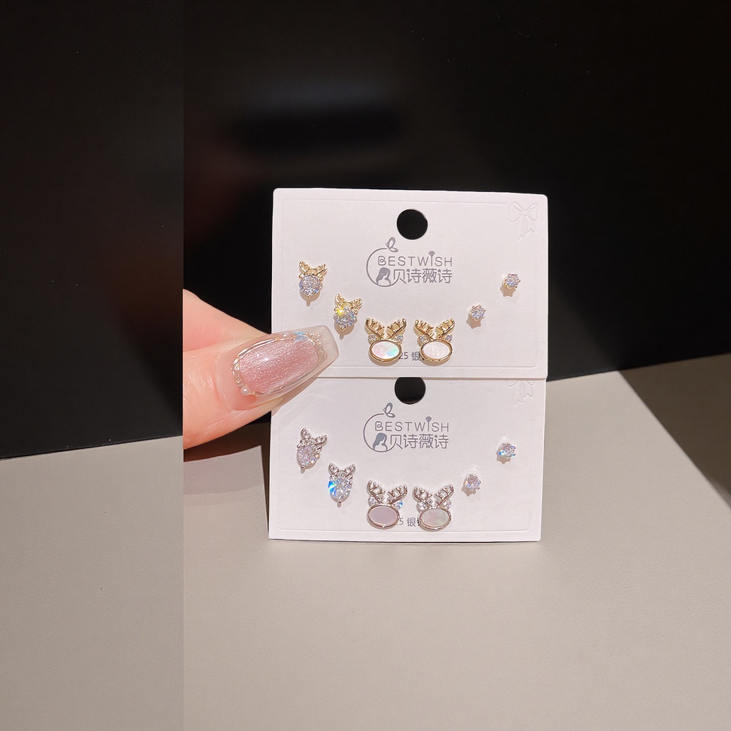 2025新品鹿角贝壳气质锆石三对装韩版银针耳钉六件套时尚耳饰女款