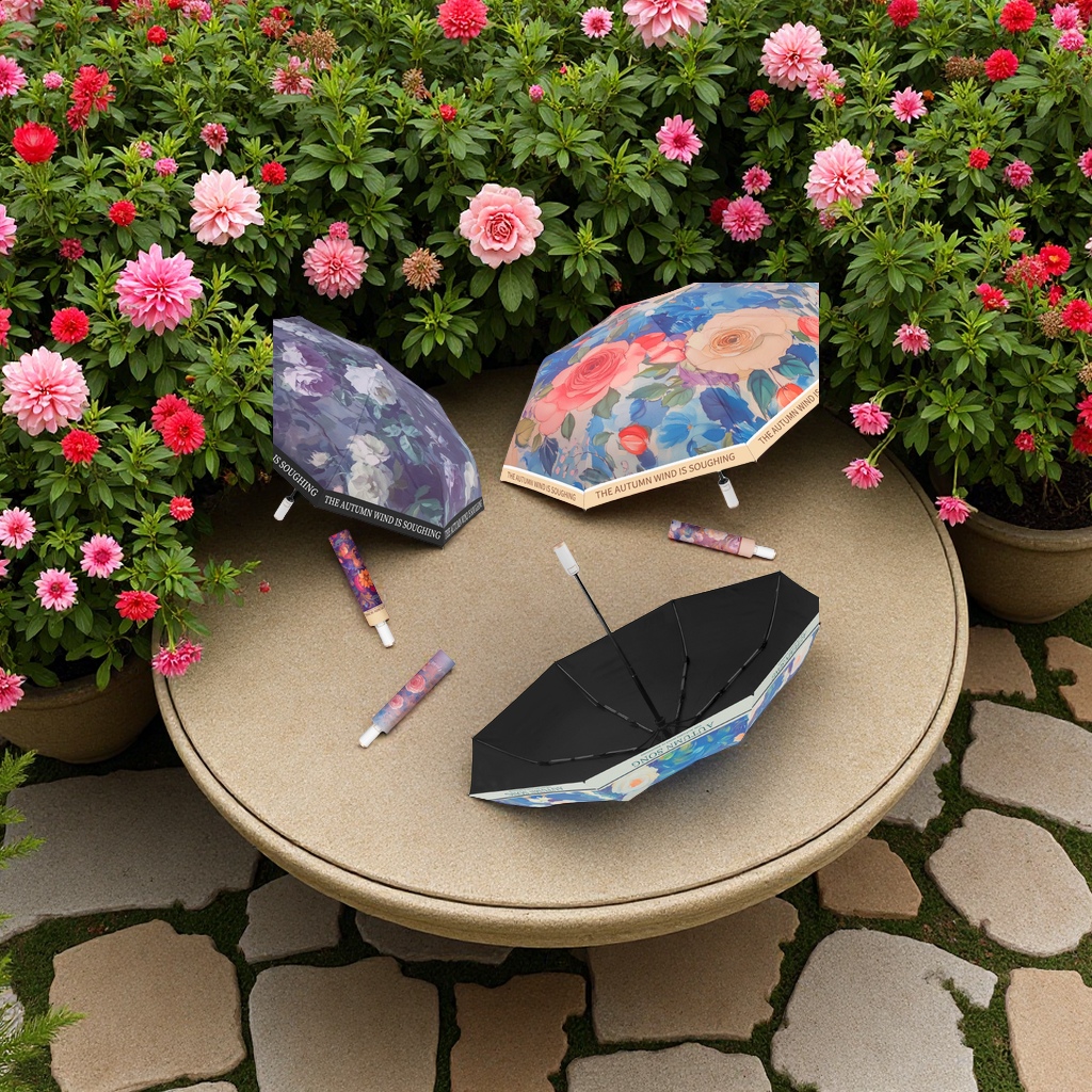 富贵繁花三折便携女士遮阳伞晴雨两用自开收油画太阳花伞防风防雨日用百货