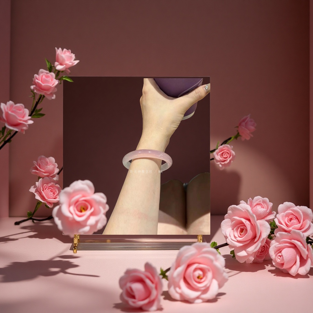 天然樱花粉玛瑙手镯郁金香渐变色玉髓半山水胖圆条手饰女款