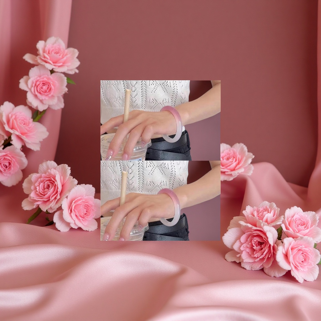 Natural cherry blossom pink agate bracelet, tulip gradient color chalcedony semi-landscape plump round strip jewelry for women Item Picture