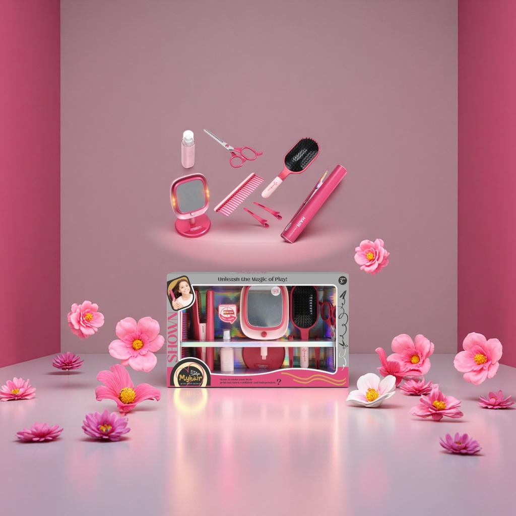 跨境儿童美容美发沙龙套装仿真吹风机直发棒女孩玩具亚马逊个护洗发护发用品SMOOTH