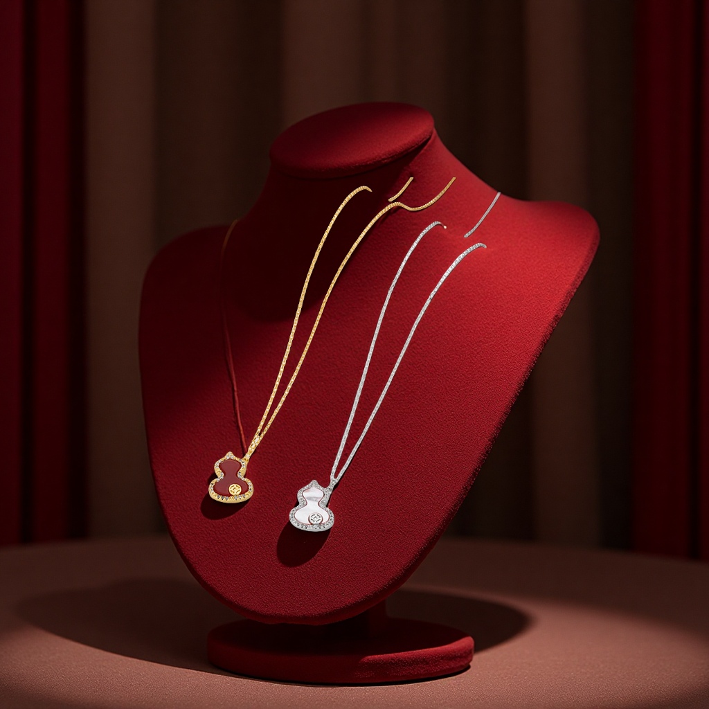Bai Ling's new red agate gourd necklace, Fulu style, pink shell zircon set with diamonds, medium-sized fashionable accessory for women Item Picture