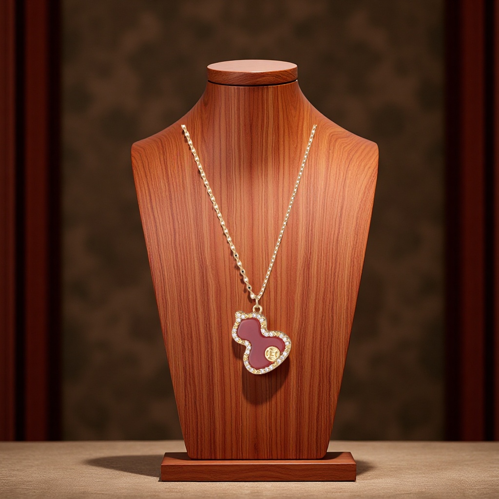 Bai Ling's new red agate gourd necklace, Fulu style, pink shell zircon set with diamonds, medium-sized fashionable accessory for women details Picture