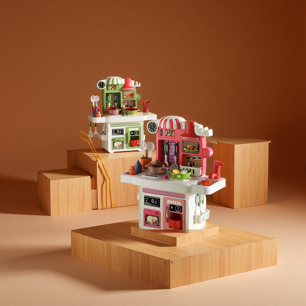 Children's educational role-playing kitchen toy simulation dining table with sound, light and music press water out kitchen set, suitable for baby early education toys