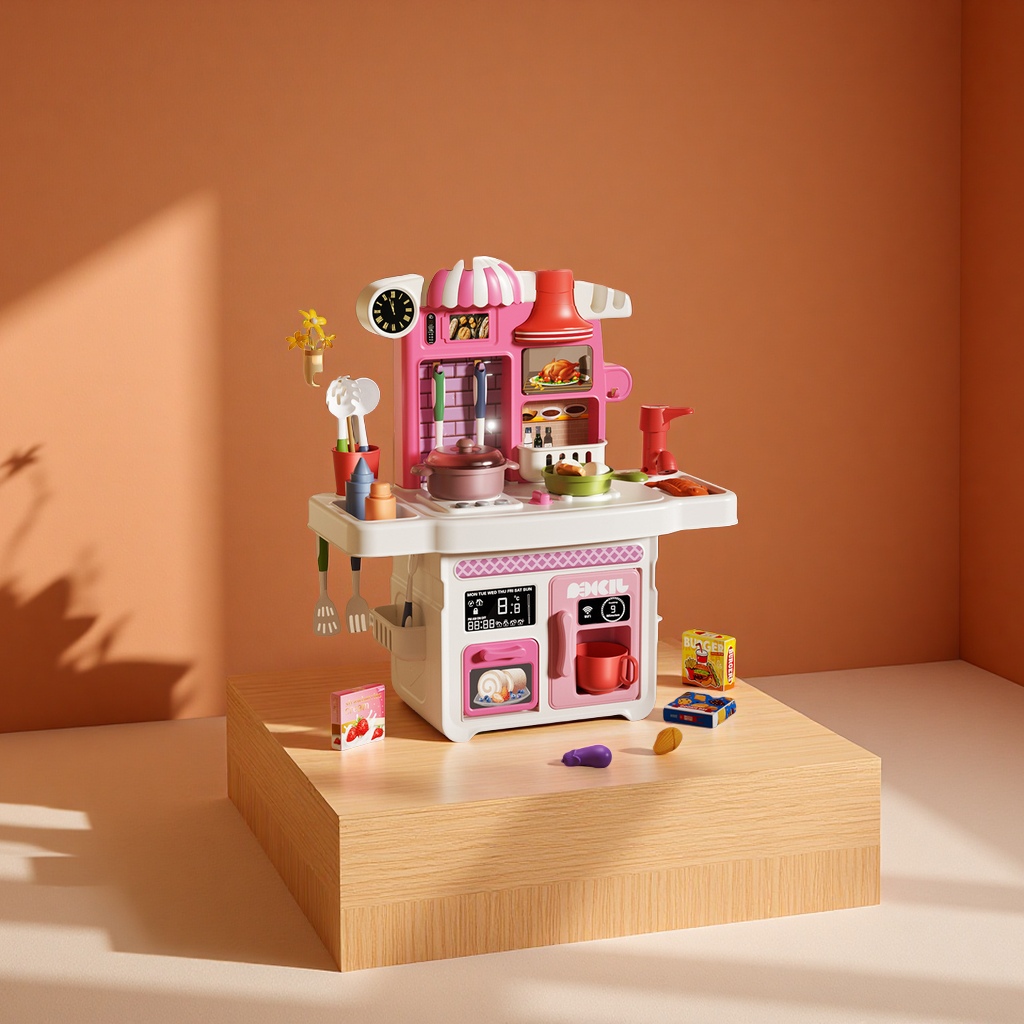 Children's educational role-playing kitchen toy simulation dining table with sound, light and music press water out kitchen set, suitable for baby early education toys details Picture