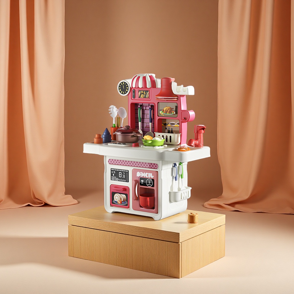 Children's educational role-playing kitchen toy simulation dining table with sound, light and music press water out kitchen set, suitable for baby early education toys Item Picture