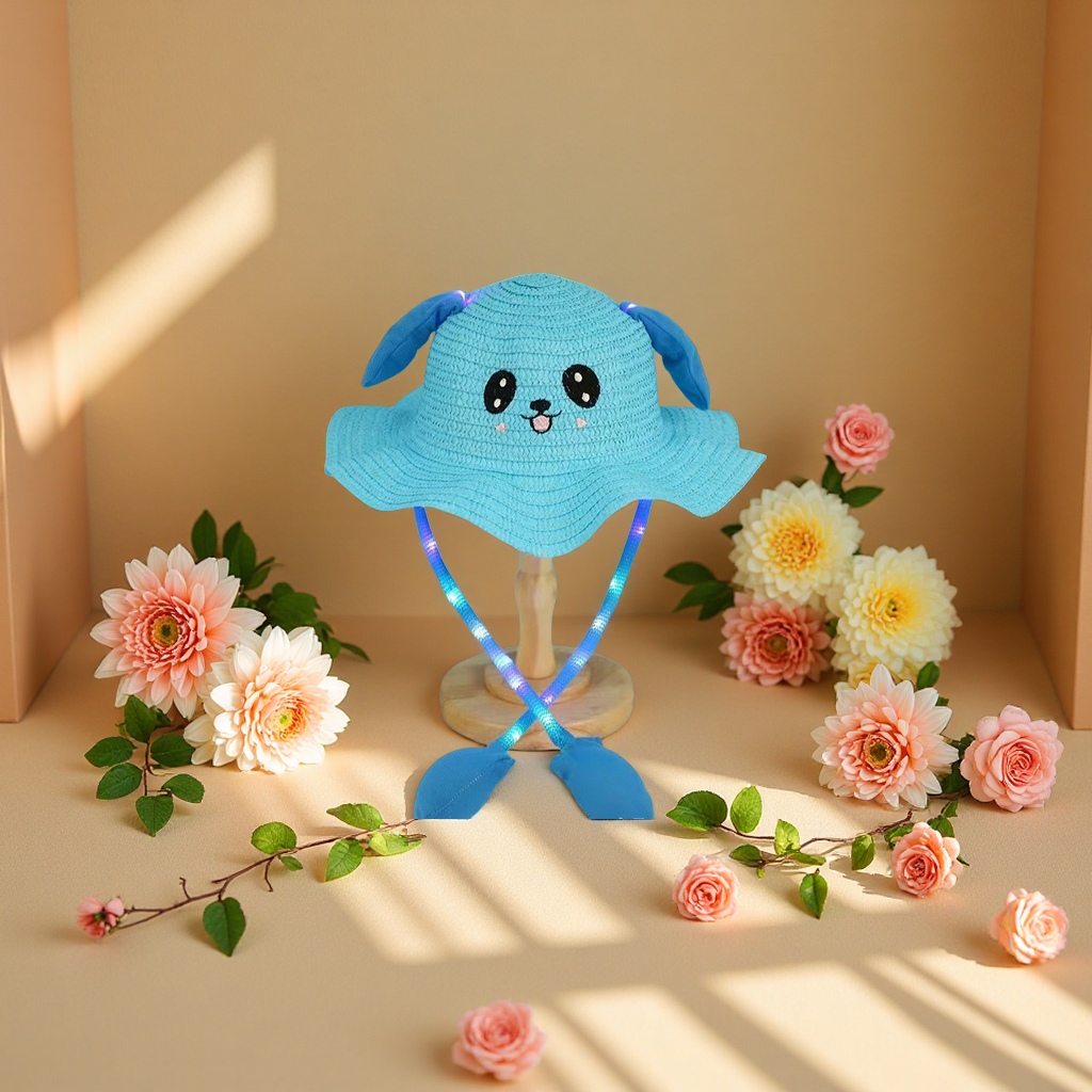 Rabbit hat, children's wavy cap with light, sun hat, summer cool hat, cute and fun for men and women, moving ear headwear and accessories