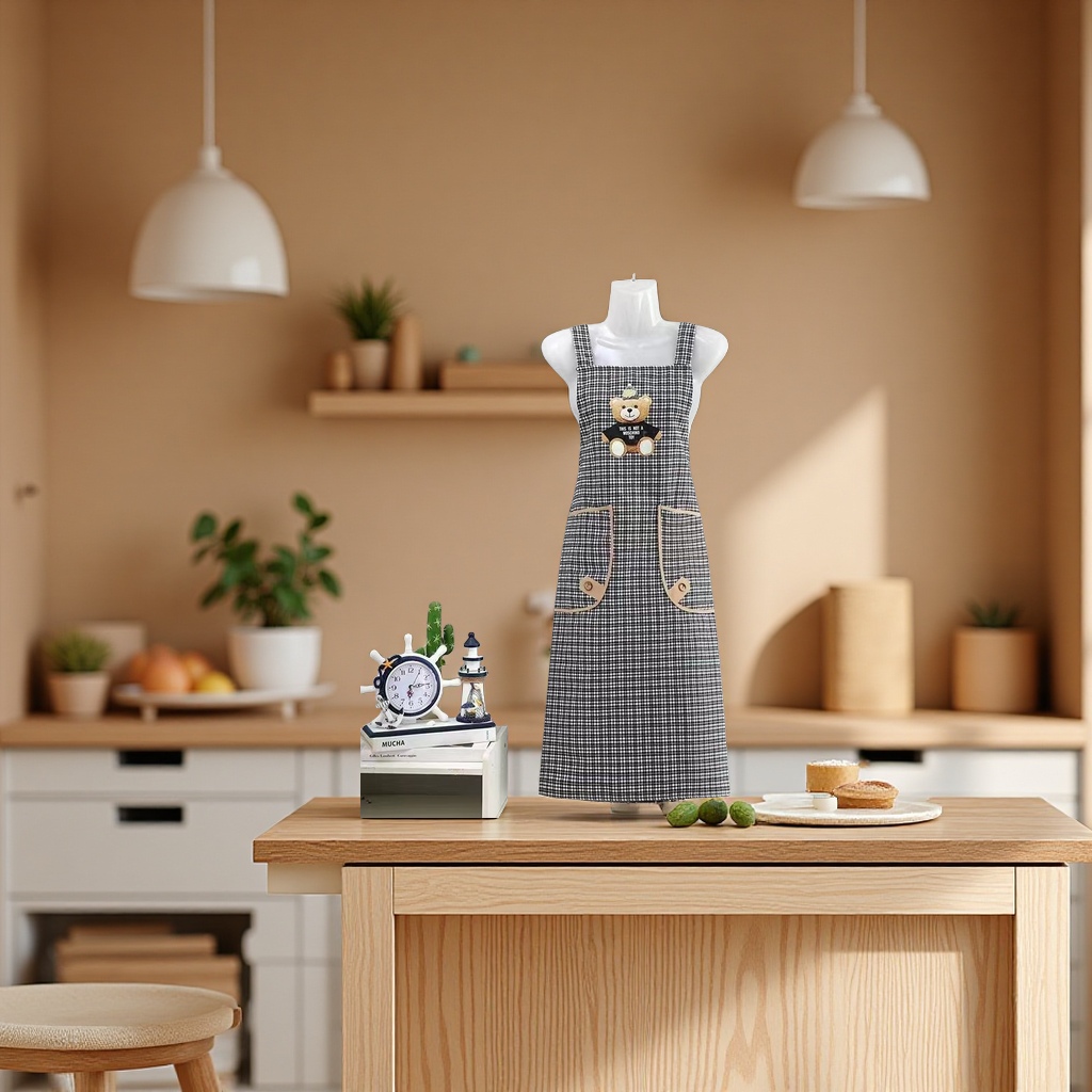 Extended cotton fabric adult cute cartoon bear checkered apron, kitchen stain-proof, dust-proof and wear-resistant, home knee-length shoulder strap, breathable, work clothes apron for men and women