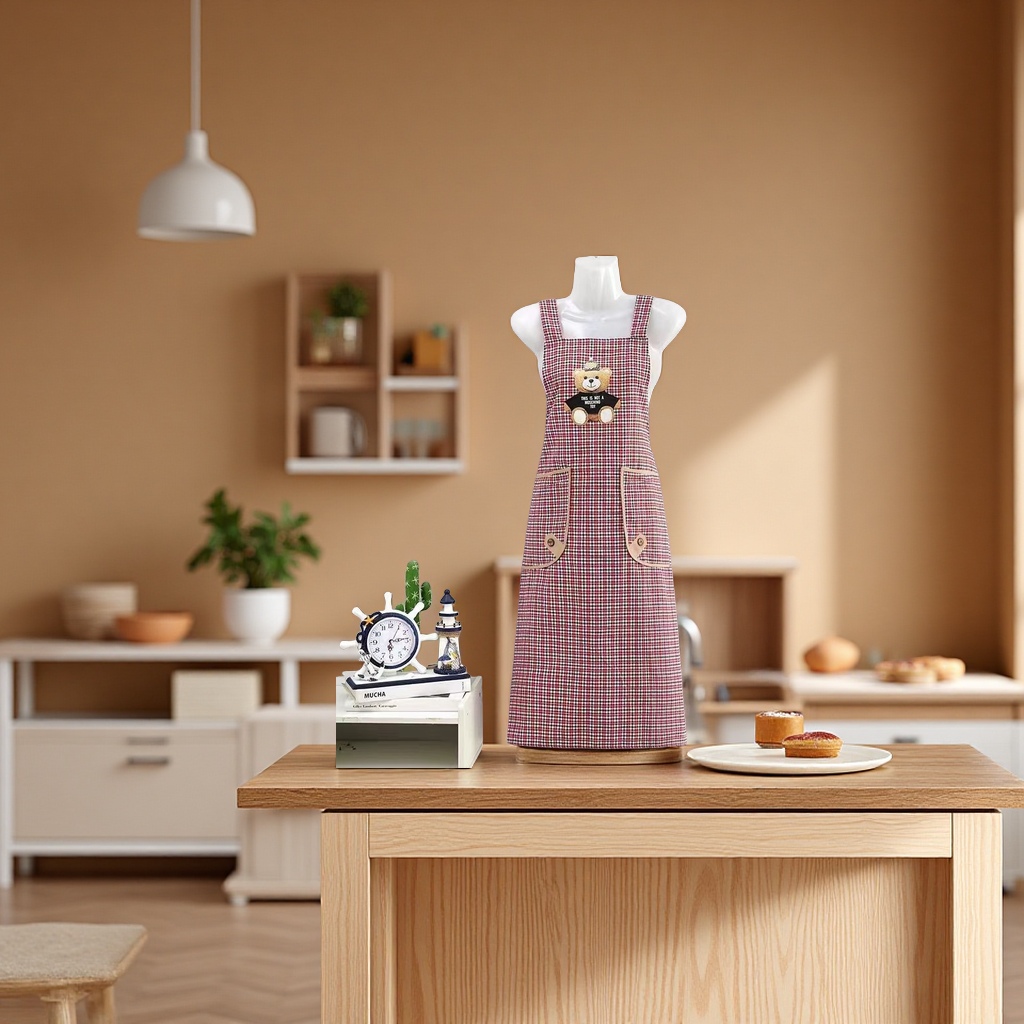 Extended cotton fabric adult cute cartoon bear checkered apron, kitchen stain-proof, dust-proof and wear-resistant, home knee-length shoulder strap, breathable, work clothes apron for men and women details Picture