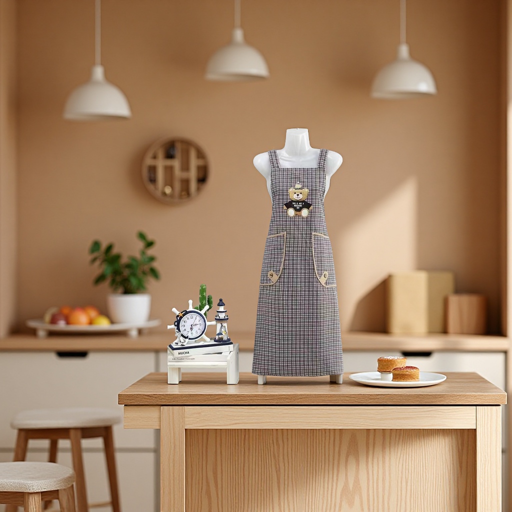 Extended cotton fabric adult cute cartoon bear checkered apron, kitchen stain-proof, dust-proof and wear-resistant, home knee-length shoulder strap, breathable, work clothes apron for men and women Specification image