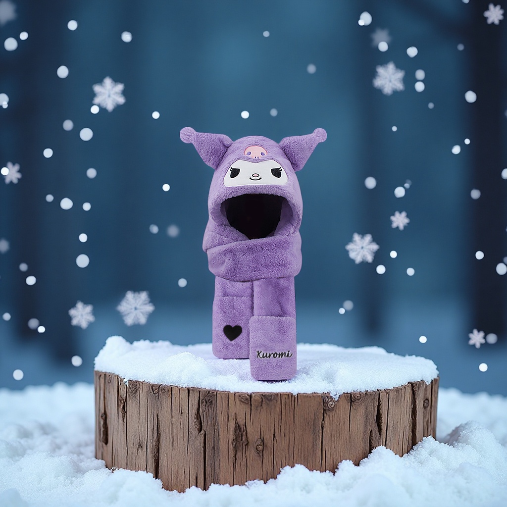 Kulomi Children's black and purple three-piece winter warm scarf, hat, gloves, windproof outdoor cute clothing and accessories