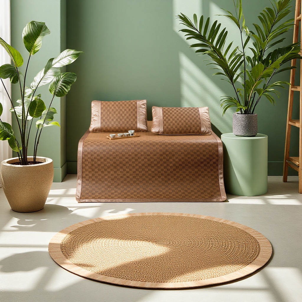 Summer bamboo mat, rattan mat, three-piece set, foldable nap bed, thickened ice silk soft mat for student dormitories, wholesale home textile straw mat Item Picture