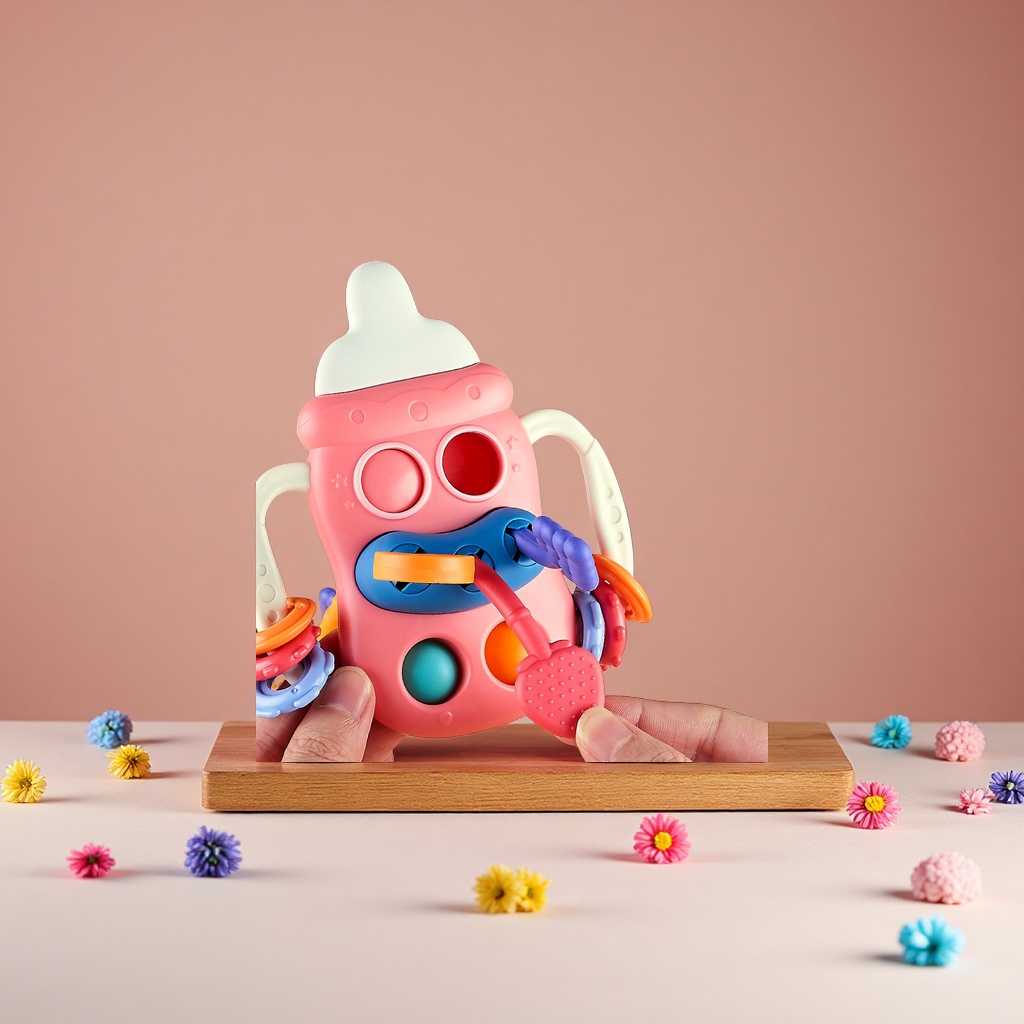 婴儿趣味拉拉乐玩具早教感官抓握启蒙软胶奶瓶安抚益智配对形状认知玩具