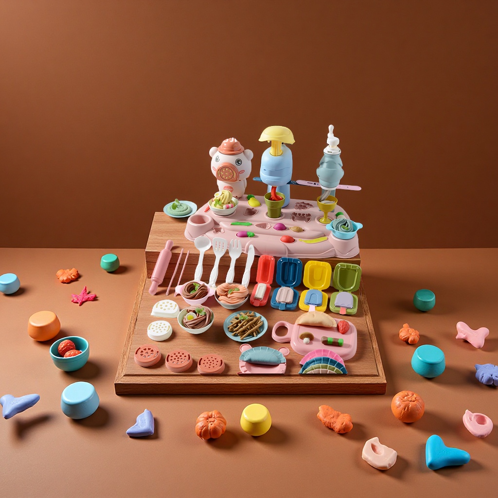 卡通小猪冰淇淋彩泥黏土套装儿童过家家餐具益智玩具彩泥粘土猪面条机