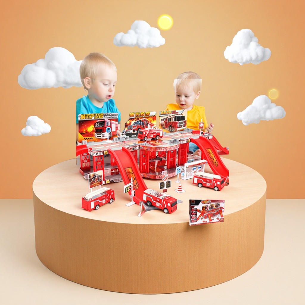 消防警察拼插玩具套装收纳盒2-6岁幼儿轨道停车场益智科教玩具