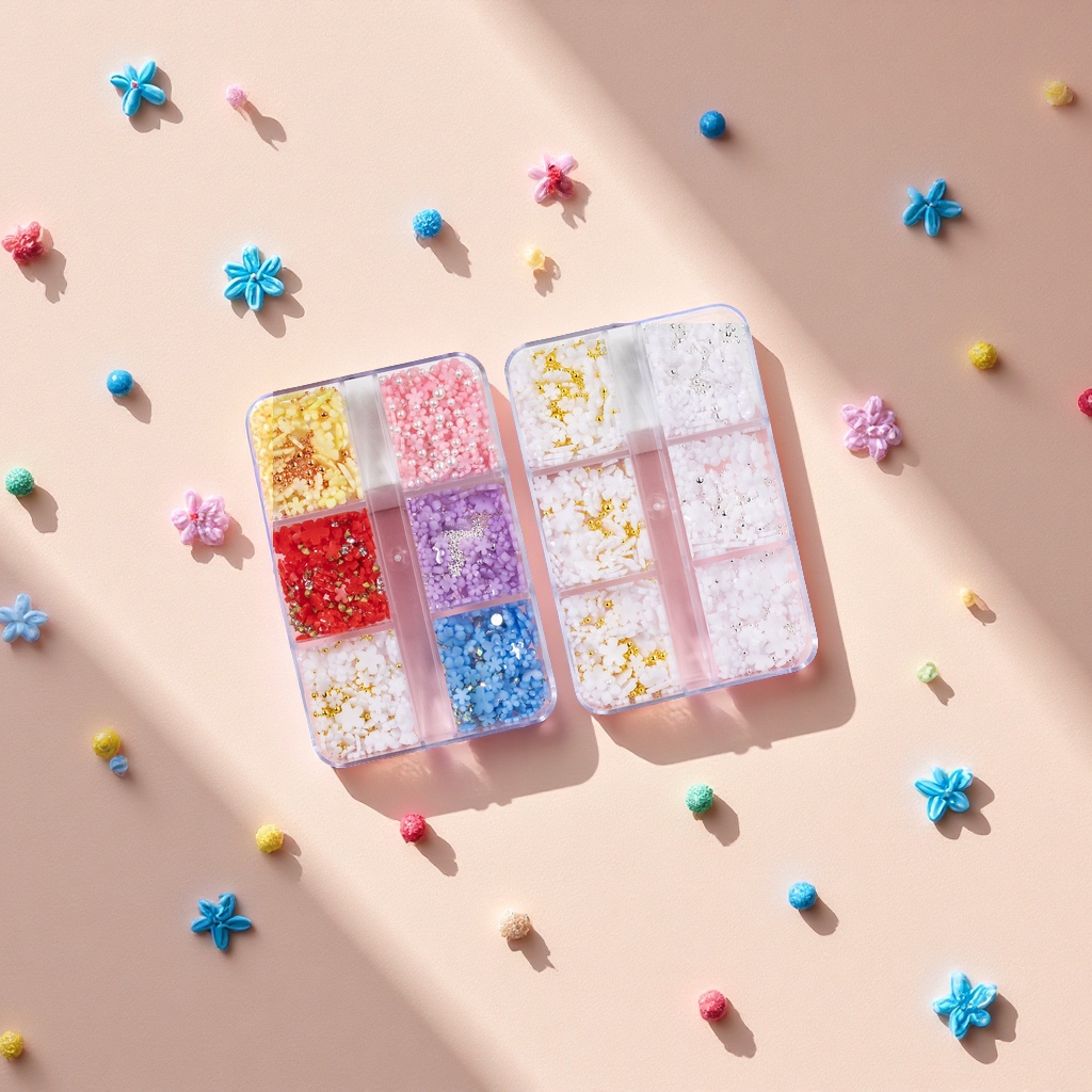 跨境六格美甲饰品立体五瓣花树脂花朵珠子指甲配件批发日用百货收纳首饰架首饰箱首饰袋