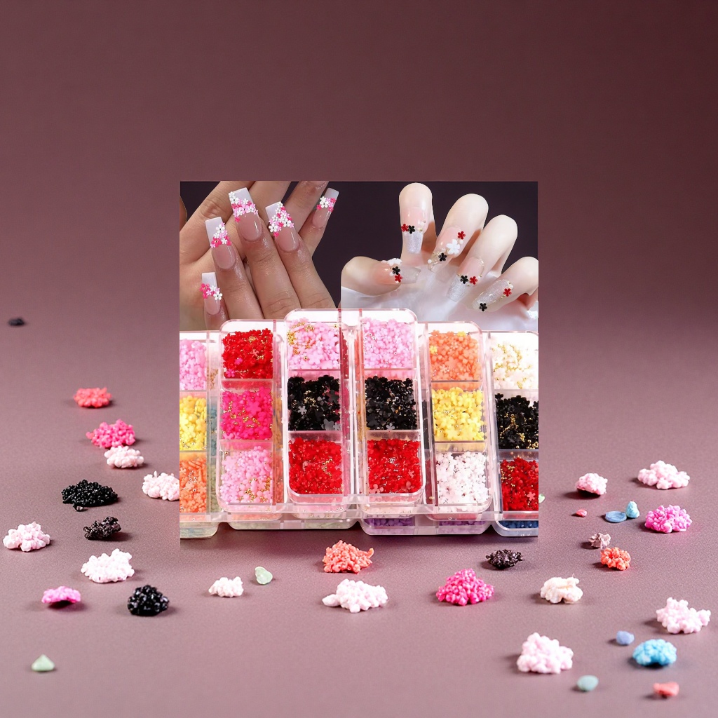 跨境爆款马卡龙立体五瓣花树脂美甲饰品金银小钢珠混装批发美容护肤彩妆