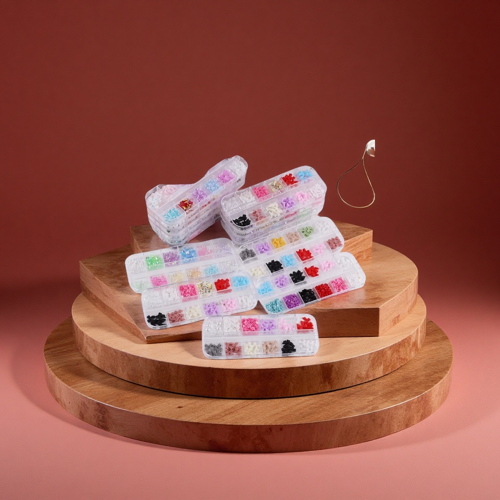 欧美热销12格蝴蝶结领结珍珠五瓣花金属蝴蝶美甲饰品首饰箱收纳