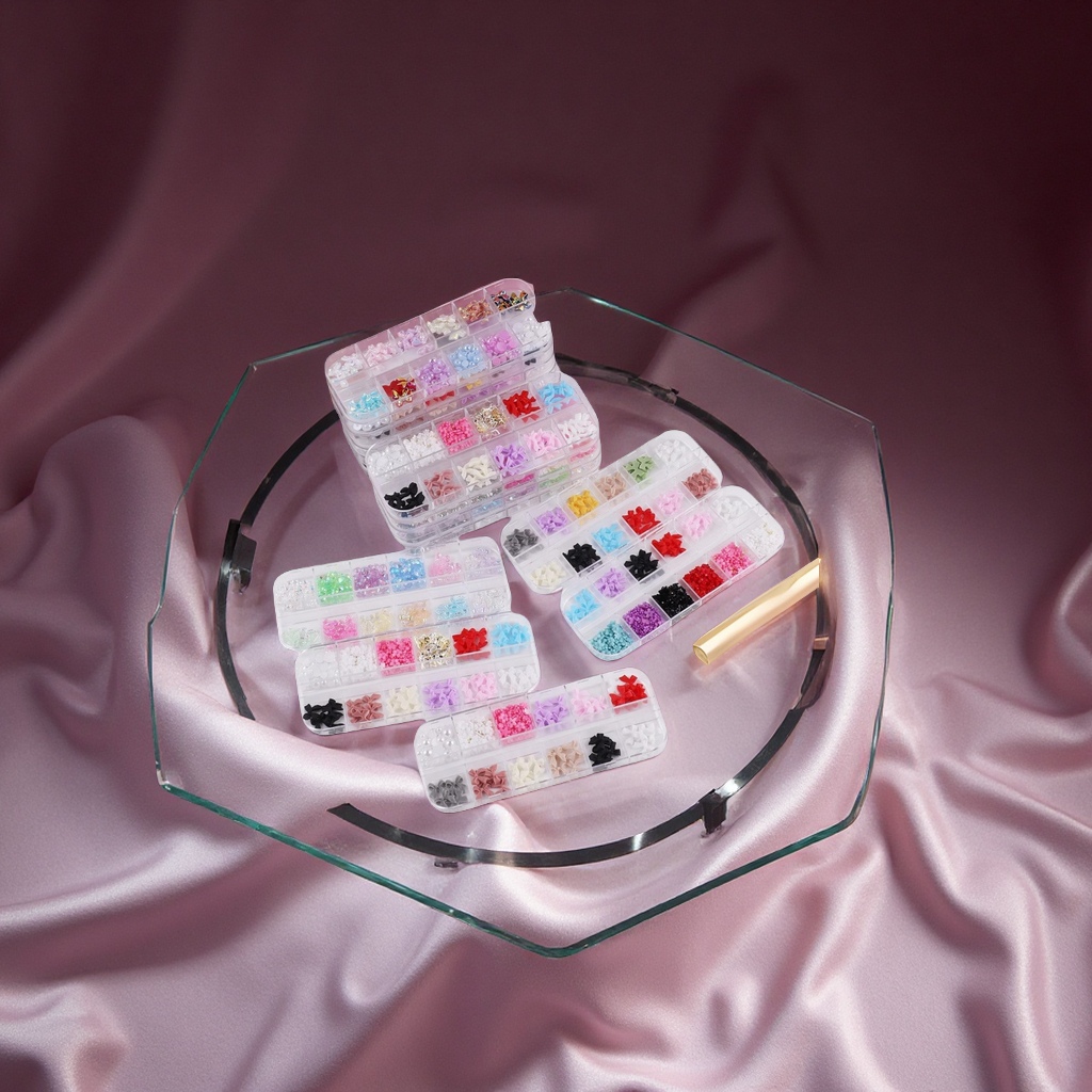 欧美热销12格混色蝴蝶结领结珍珠五瓣花金属蝴蝶小钢珠美甲装饰