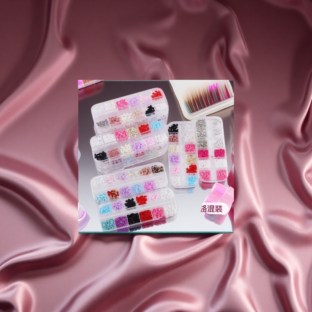 跨境爆款12格蝴蝶结领结珍珠五瓣花金属蝴蝶小钢珠美甲饰品批发