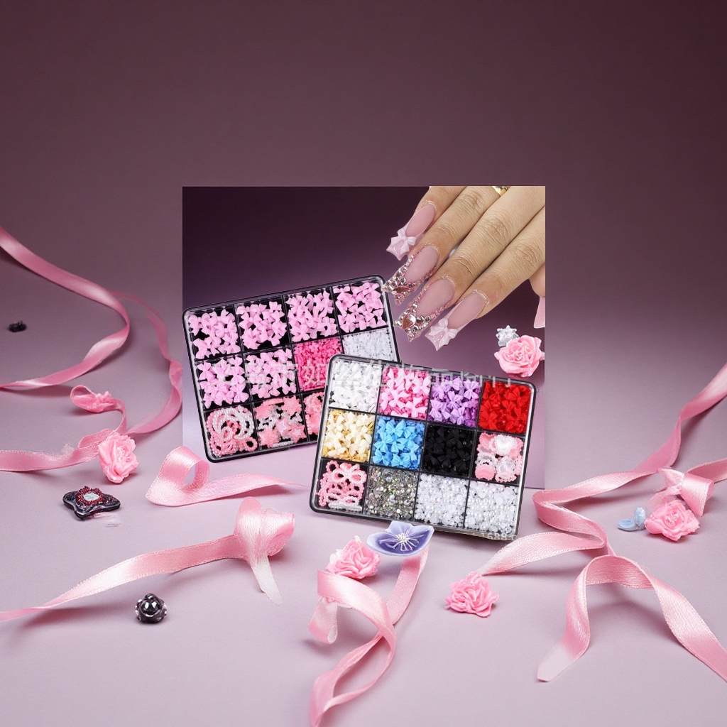 跨境爆款美甲树脂饰品百搭飘带领结蝴蝶结珍珠12格混装美甲配饰