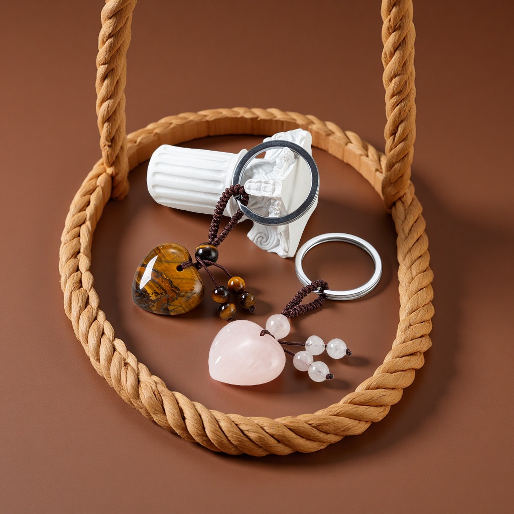 New cross-border products: agate crystal heart keychains, a variety of natural stone heart pendants, handicrafts, gifts, keys and accessories details Picture