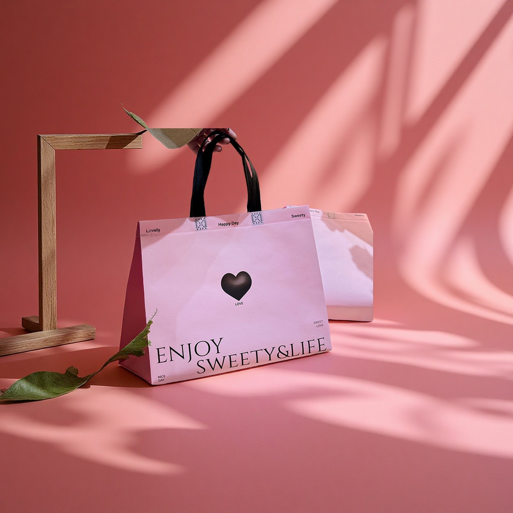 粉色爱心手提服装袋子无纺布定制购物袋服装店用包装塑料袋子