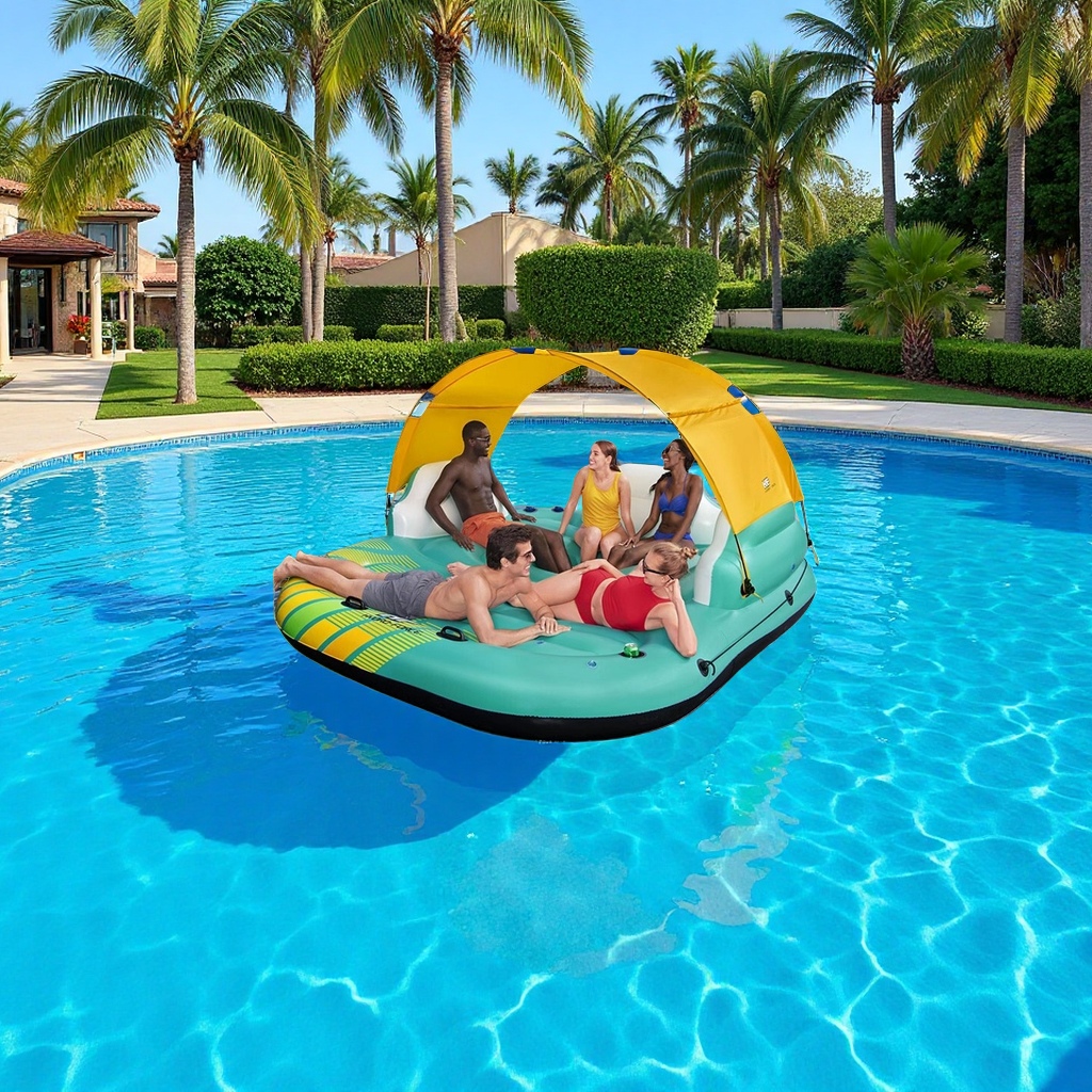 Bestway巨型充气浮岛带遮阳棚水上浮床坐骑大人浮排涉水运动用品批发代发