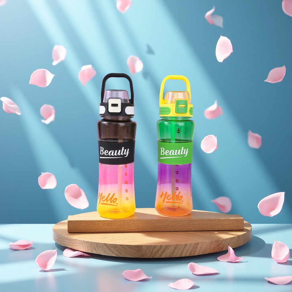 韩式创意塑料手提水壶户外便携多色弹盖太空杯批发日用百货杯具