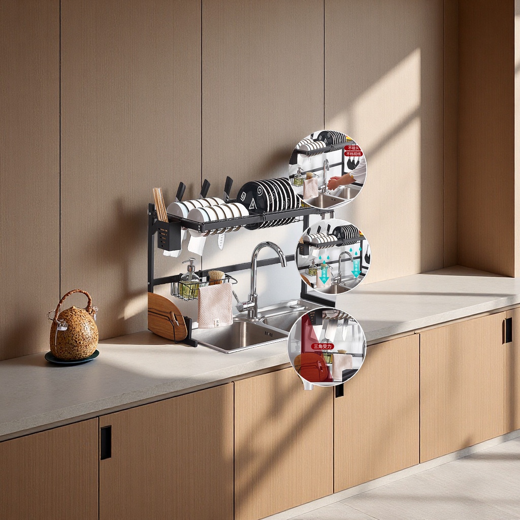 Cross-border household dish draining rack, multi-layer kitchen sink storage, carbon steel shelving, daily necessities, kitchen organization details Picture