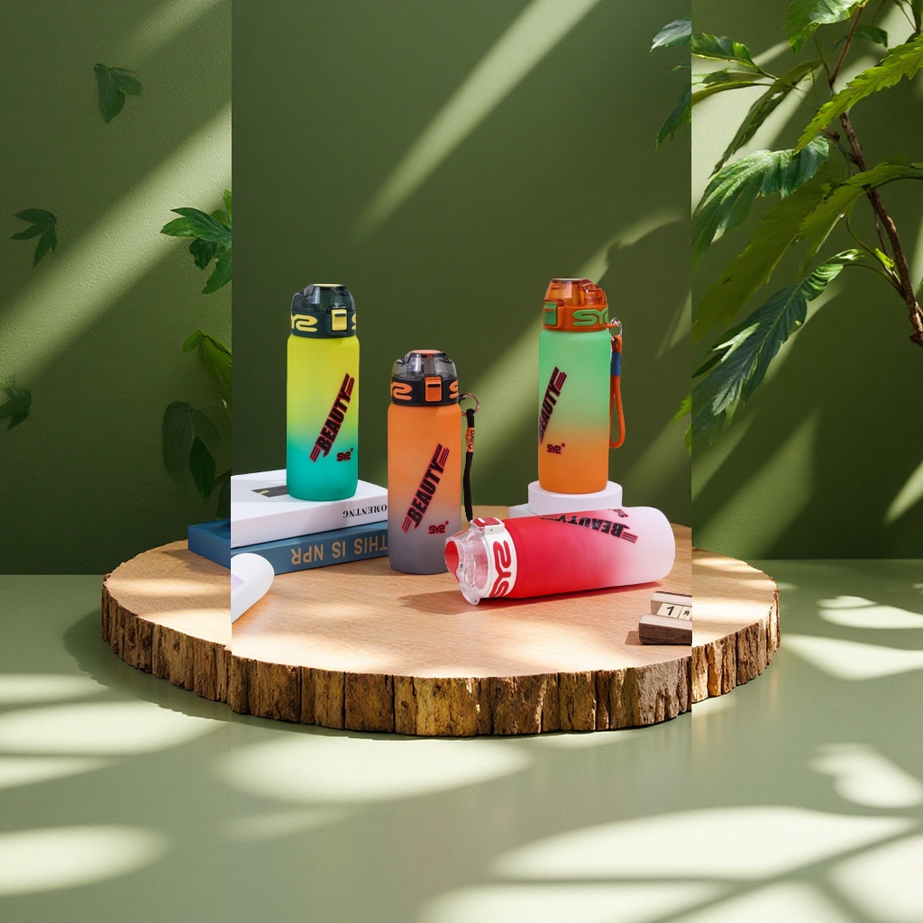 高颜值磨砂渐变色运动水壶户外便携提绳直饮带刻度弹盖塑料水杯日用百货