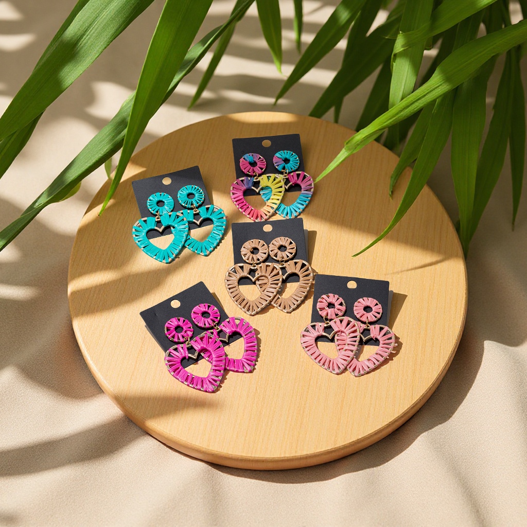 厂家直供欧美潮流气质拉菲草手工编织夸张爱心长款度假风耳环女饰品耳饰