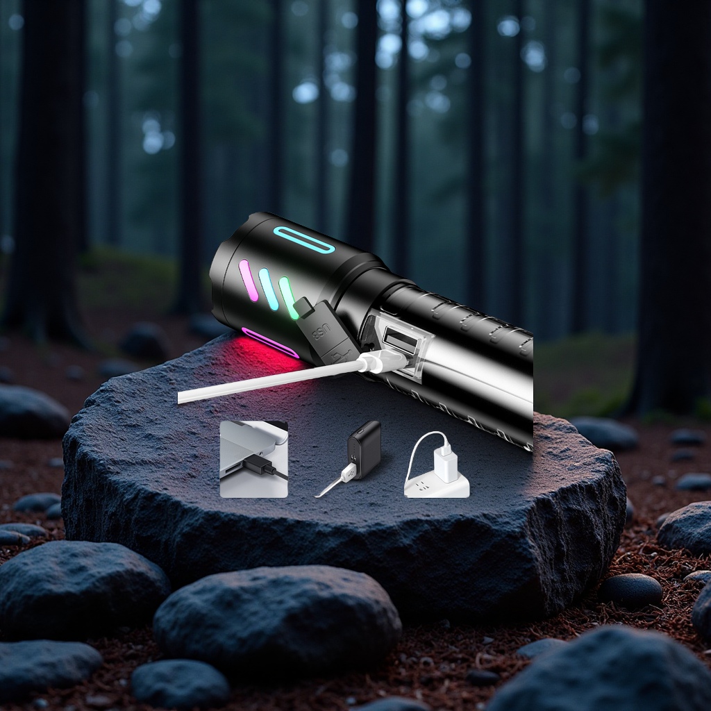 Strong light charging, long battery life, warning, zoom, long-range laser, Thunderbolt, camping flashlight, lighting fixture, dedicated for lighting details Picture
