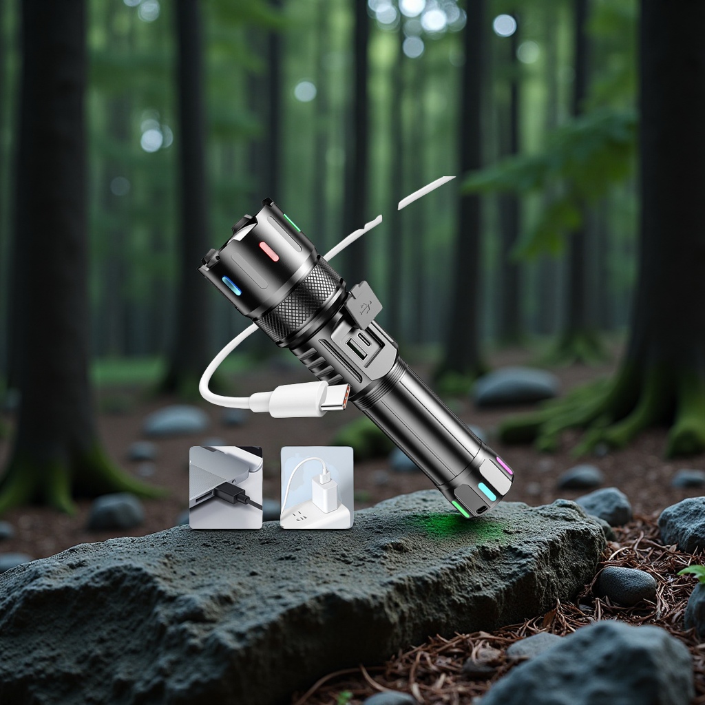 New high-intensity flashlight, lithium battery charging, high-lumen zoom, alloy, patrol, camping, security, hand-held lighting flashlight, daily necessities Application Scenario