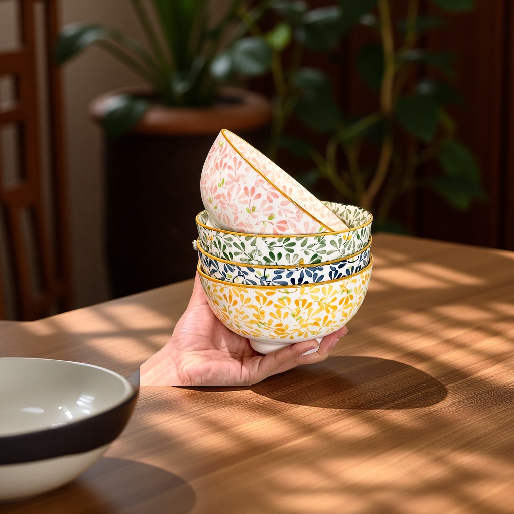 Ceramic ramen bowl 2025 new model household salad soup bowl 6-inch underglaze color high-footed rice bowl, daily-use tableware