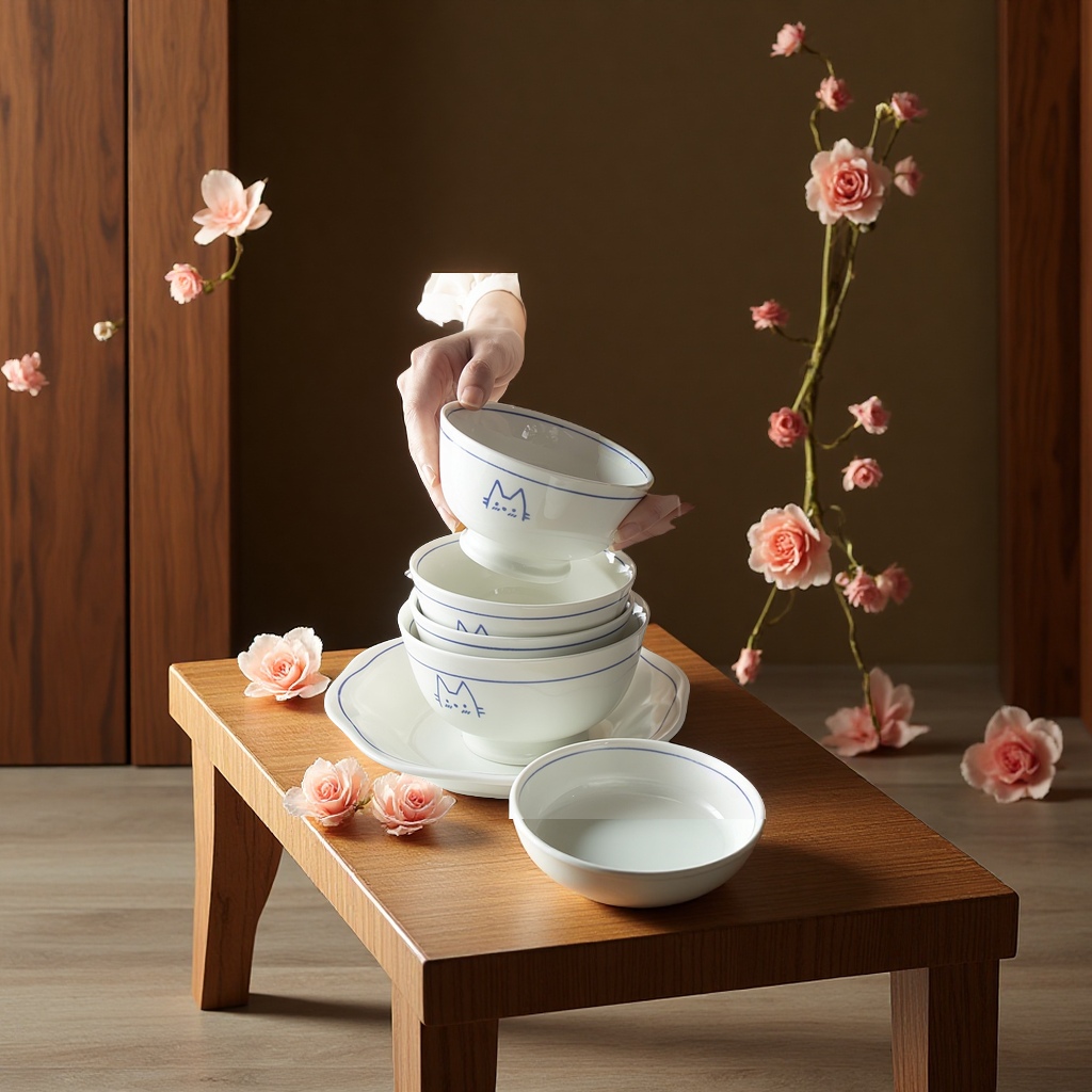 Japanese ceramic underglaze painted cat rice bowl, high-footed bowl for home use, 2025 new model, high appearance level, soup noodle bowl, silk flower design